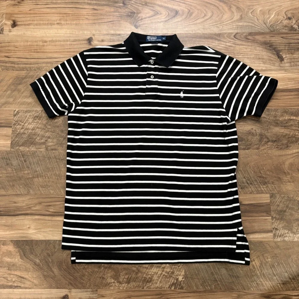 Vintage Y2K Polo Ralph Lauren Polo Mens XL Black Striped 90s Cotton Shirt Tee